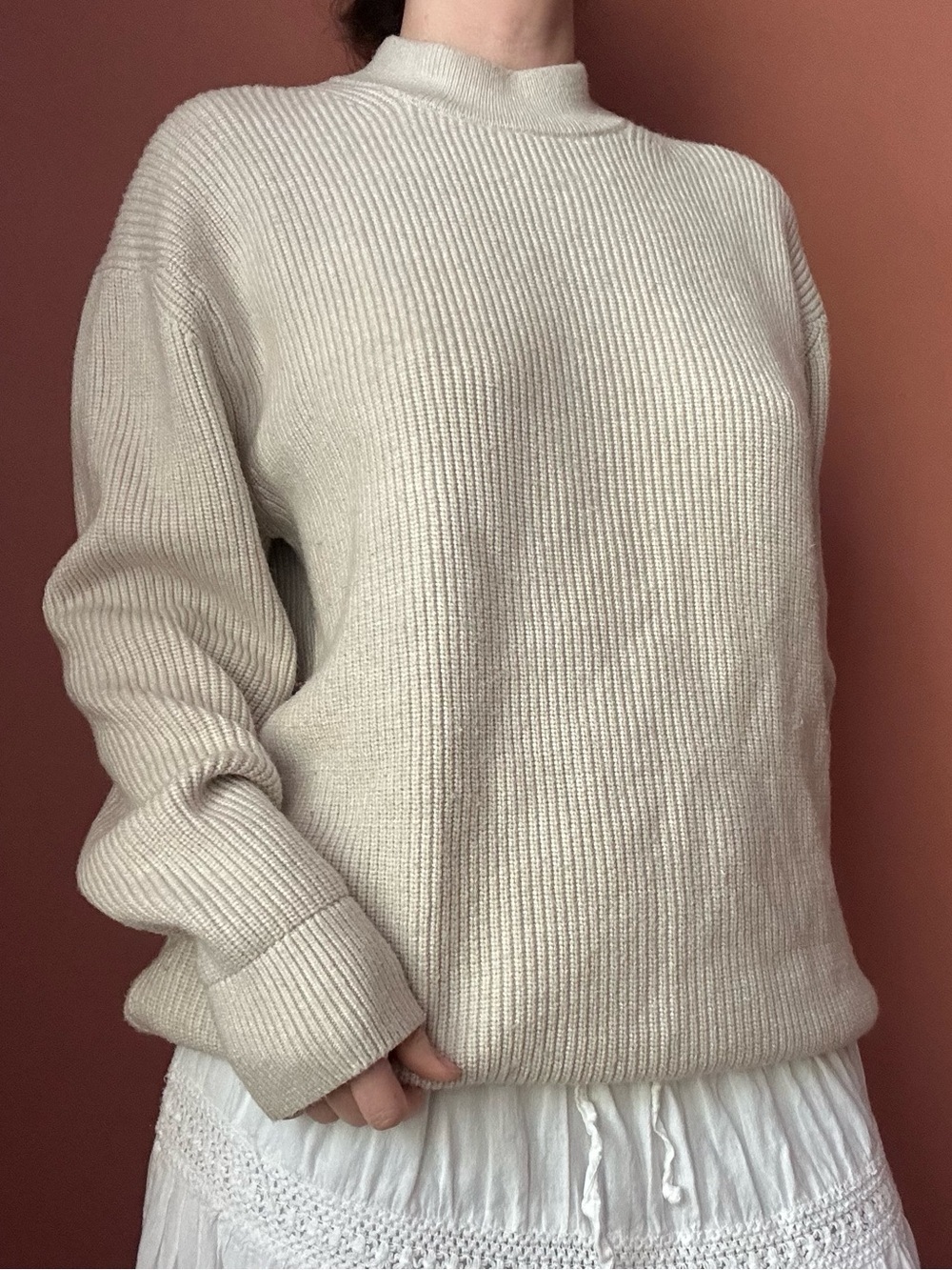 Pull&Bear Cream Ribbed Mock Neck Sweater